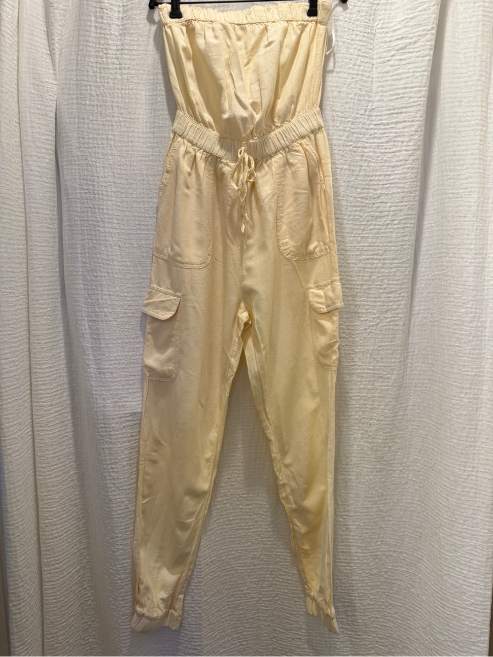 Japna Strapless Utility Cargo Jumpsuit M Cream Yellow Rayon Cotton Linen Blend